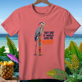 Heron standing on tiki pole with text 