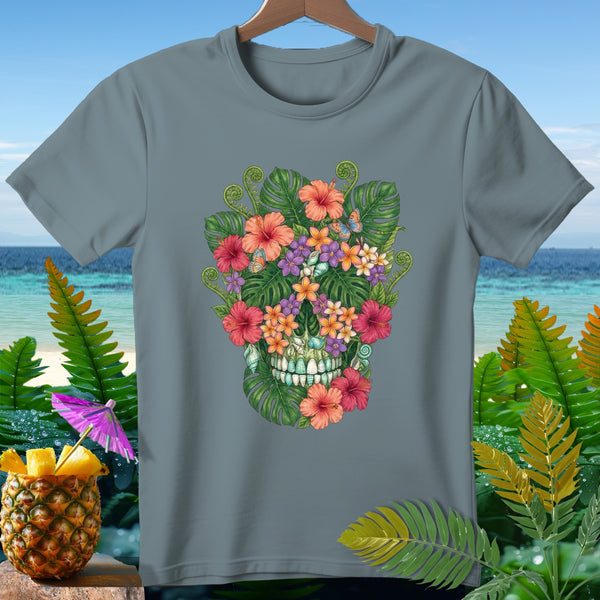 Gray t-shirt with a skull design made of tropical flowers and leaves.