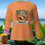 Orange long-sleeve shirt with a panda relaxing in a hammock on a beach, text "Panda-monium at the Beach!".