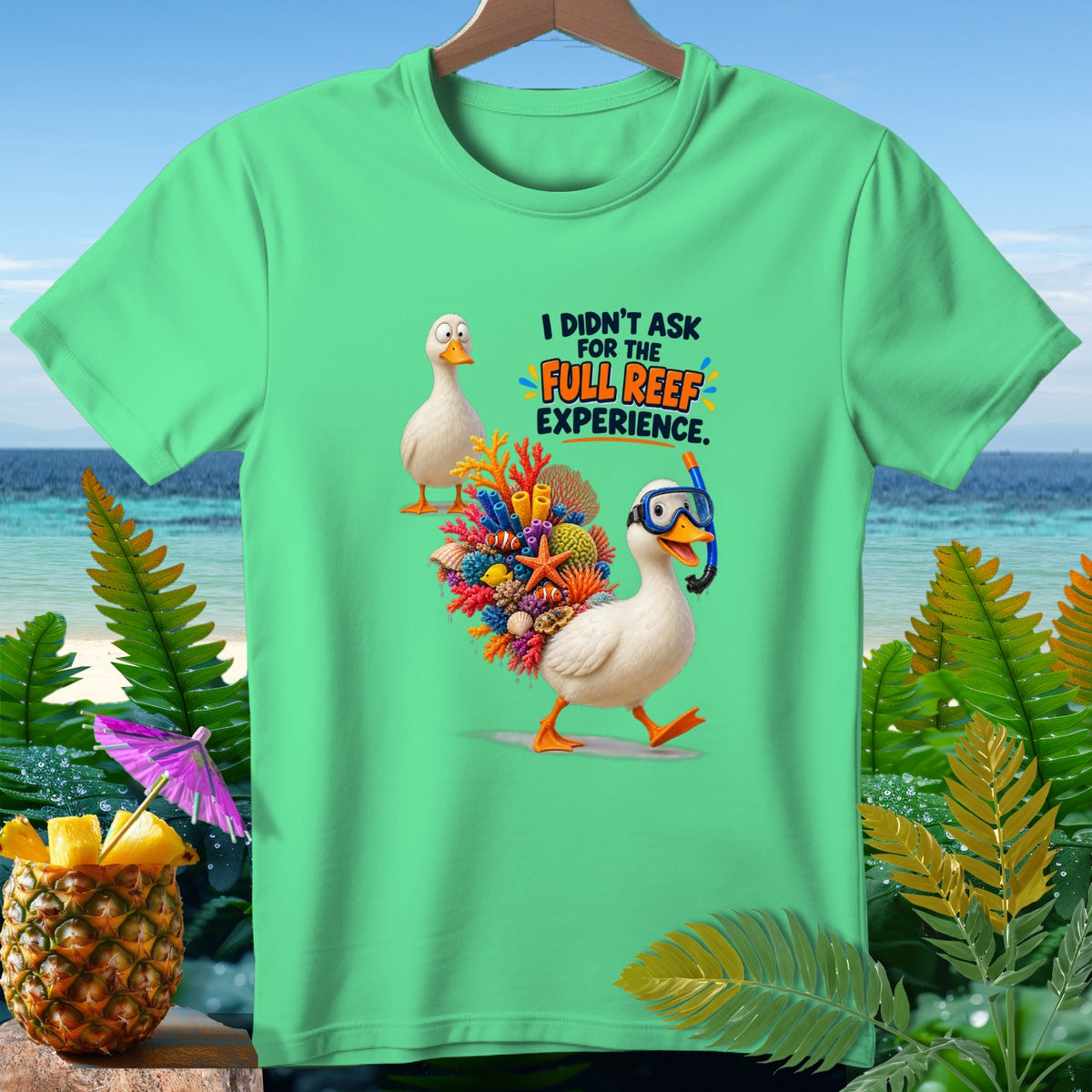 Duck wearing snorkel with "Full Reef Experience" text and another duck.