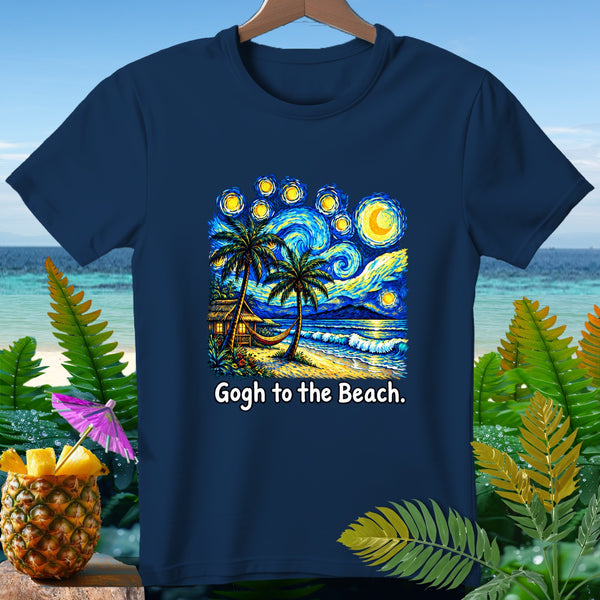 Navy t-shirt with "Gogh to the Beach" text and starry night beach scene.