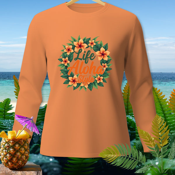 Orange long-sleeve shirt with "Life Aloha Style" floral wreath graphic.