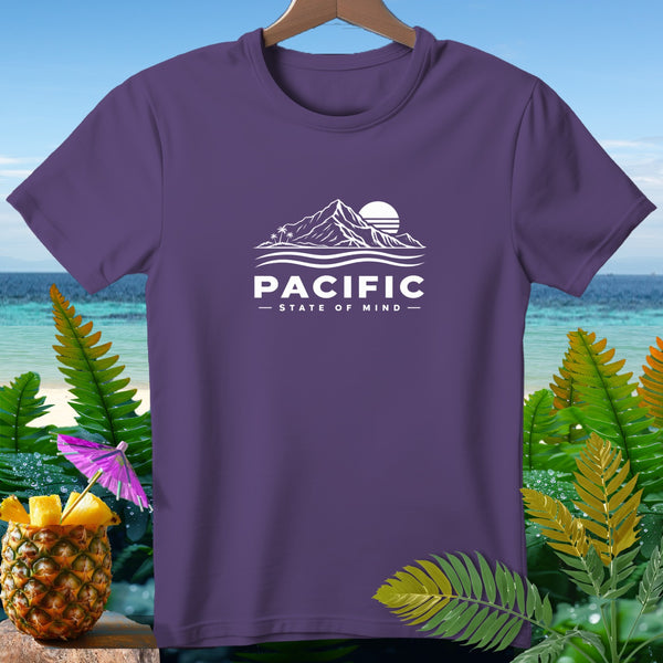 Purple t-shirt with white "Pacific State of Mind" mountain and sun graphic.