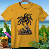 Yellow t-shirt with a Halloween palm tree graphic, ghost, bats, and jack-o'-lanterns.