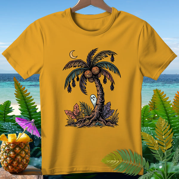 Yellow t-shirt with a Halloween palm tree graphic, ghost, bats, and jack-o'-lanterns.