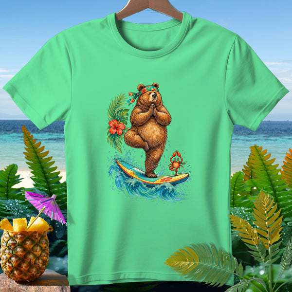 Bear meditating in tree pose on a surfboard with a crab and tropical flowers.