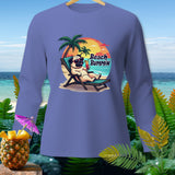 Long sleeve shirt with a pug on a beach chair and the text 