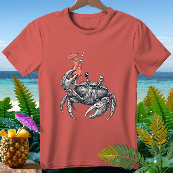 T-shirt with a crab holding a tropical drink and a pineapple.