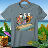 Three ghosts with surfboards on a beach, with text 
