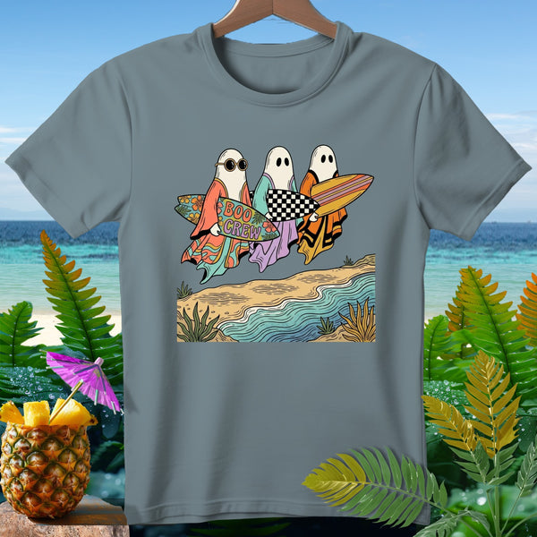 Three ghosts with surfboards on a beach, with text "BOO CREW".