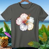 Dark gray t-shirt with a colorful hibiscus flower design featuring ghosts and a pumpkin.