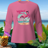 Pink long-sleeve shirt with a flamingo graphic reading 