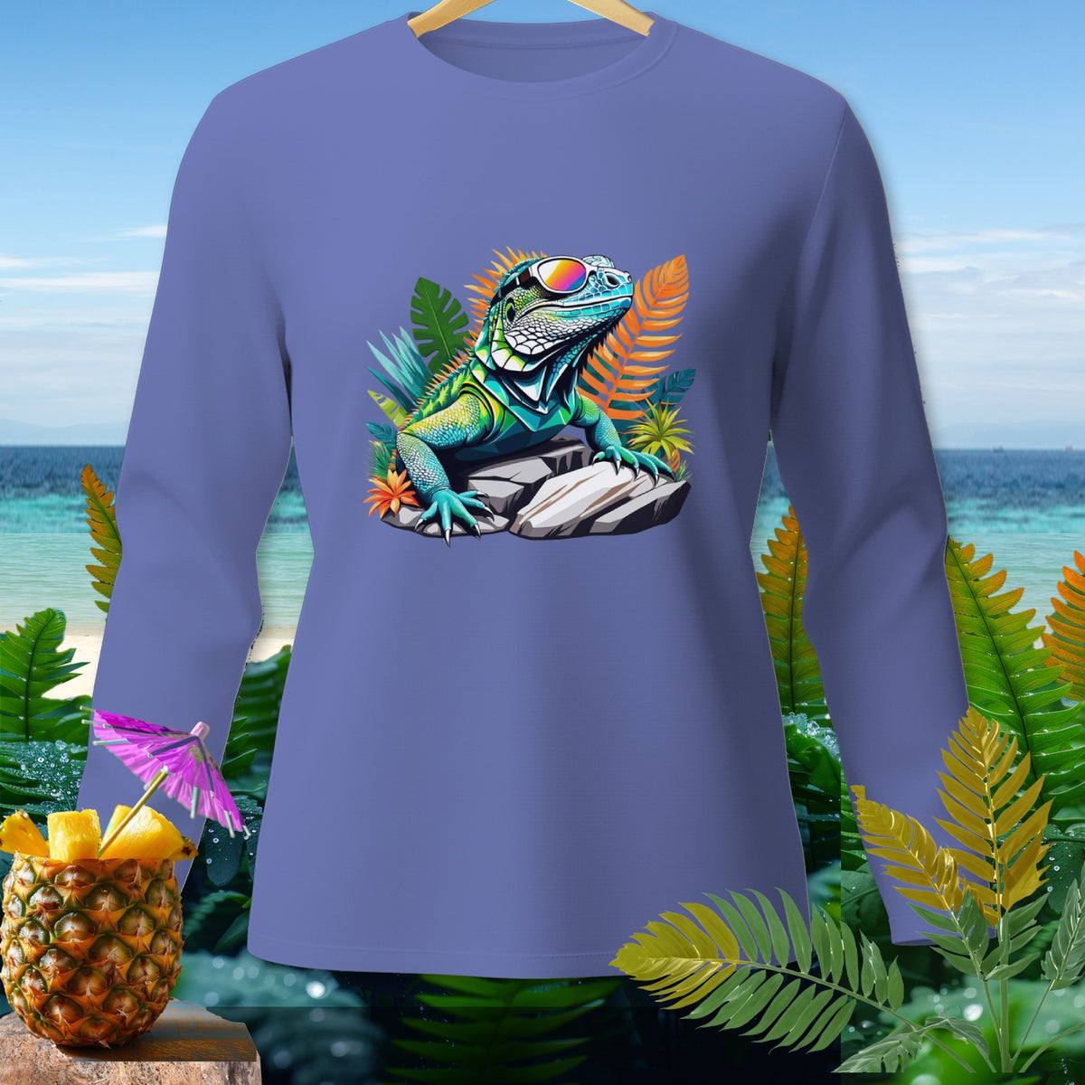 Purple long-sleeve shirt with a colorful iguana wearing sunglasses graphic.