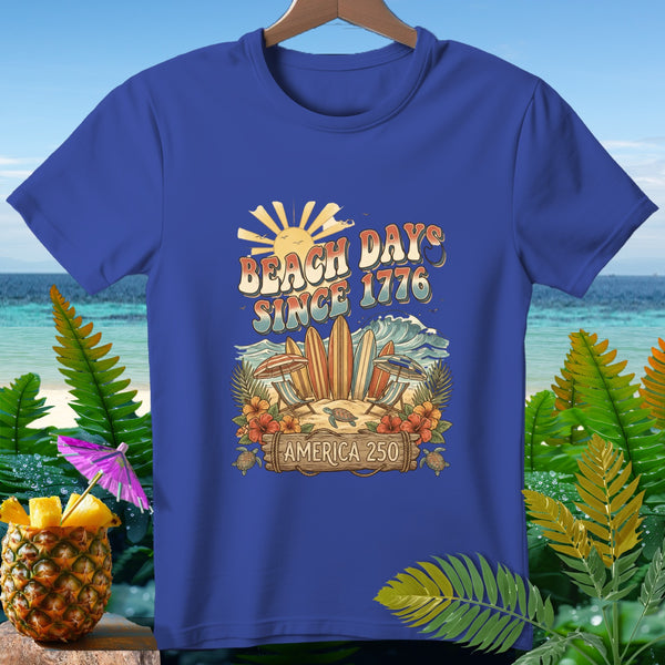 Blue t-shirt with "Beach Days Since 1776 America 250" graphic.