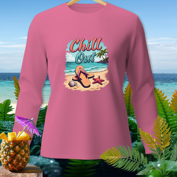 Pink long-sleeved shirt with a beach graphic and "Chill Out" text.
