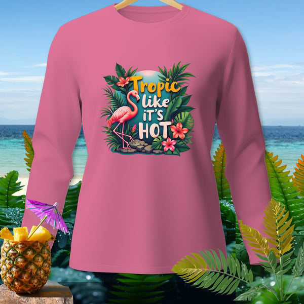 Pink long-sleeve shirt with "Tropic like it's HOT" graphic featuring a flamingo.