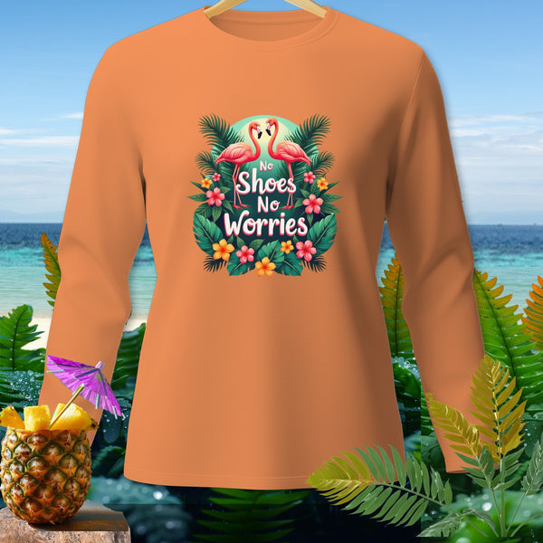 Orange long-sleeve shirt with "No Shoes No Worries" text and two flamingos.
