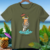 Olive green t-shirt with skeleton hand holding tropical drink, 