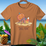 Hermit crab with pumpkin and candy corn on sand, text 