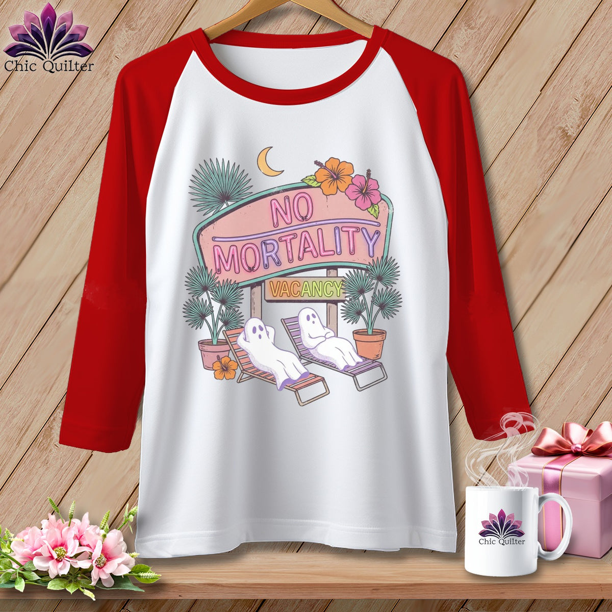 White baseball tee with "No Mortality Vacancy" neon sign and two ghosts relaxing.