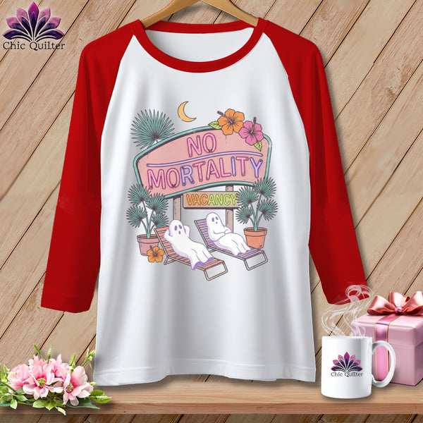 White baseball tee with "No Mortality Vacancy" neon sign and two ghosts relaxing.