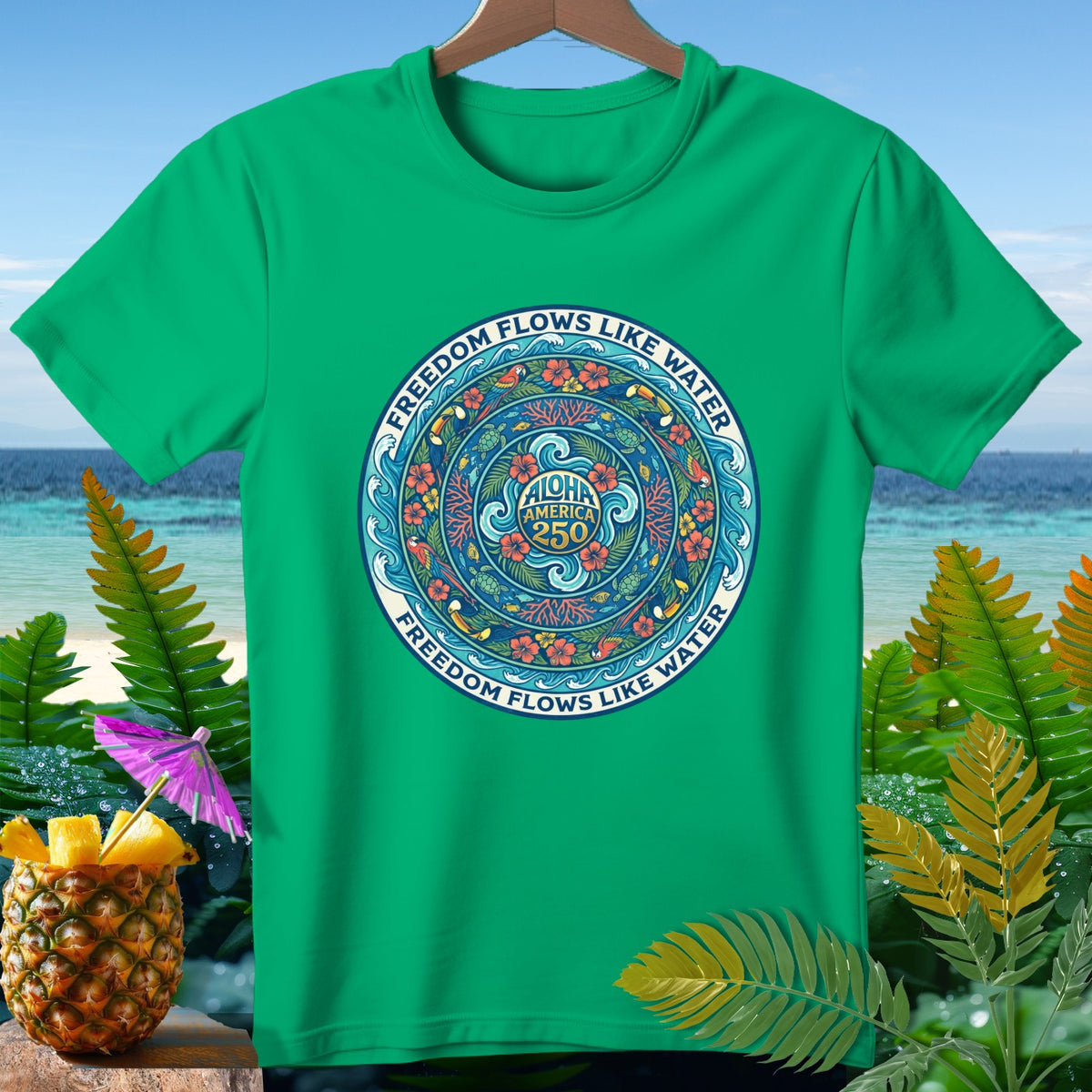 Green t-shirt with "Aloha America 250" circular design of sea life and text.