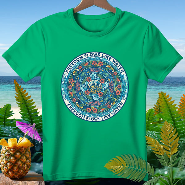 Green t-shirt with "Aloha America 250" circular design of sea life and text.