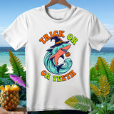 White t-shirt with a Halloween-themed shark graphic saying 