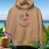 Tan hoodie with Halloween flamingo graphic and text 