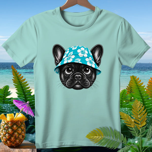 Light blue t-shirt with a black French bulldog wearing a blue floral bucket hat.