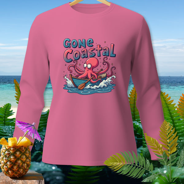 Pink long-sleeve shirt with octopus in a boat graphic and "Gone Coastal" text.