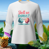 White long-sleeve shirt with cartoon shells dancing and 