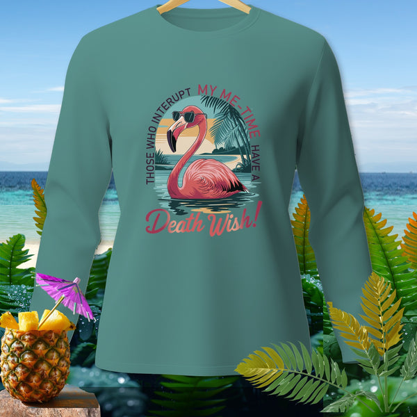 Long-sleeve shirt with a flamingo wearing sunglasses and text "Death Wish!".