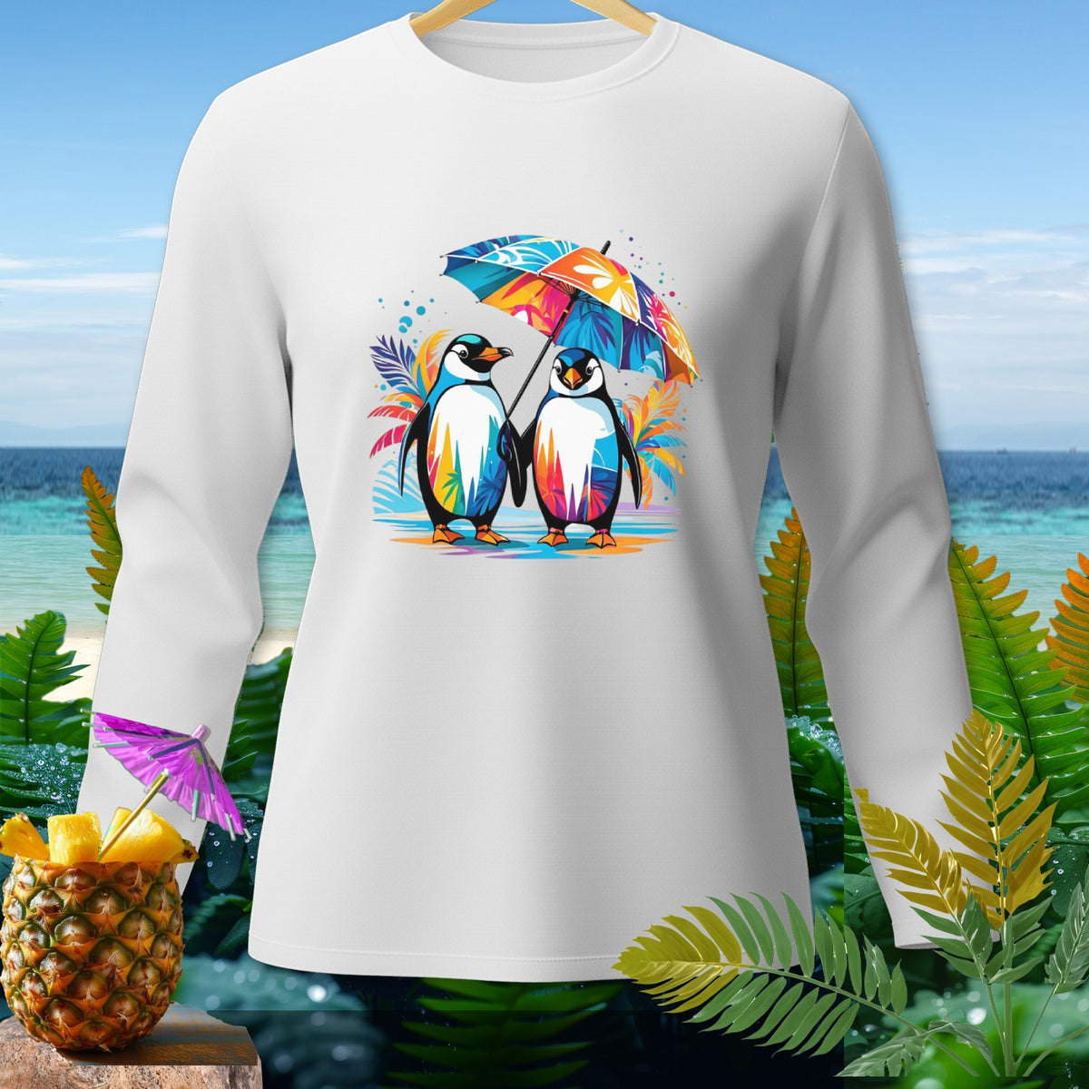 White long-sleeve shirt featuring two colorful penguins sharing a vibrant umbrella.
