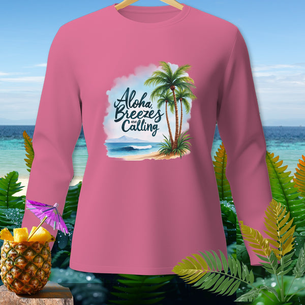 Pink long-sleeve shirt with "Aloha Breezes are Calling" beach graphic.
