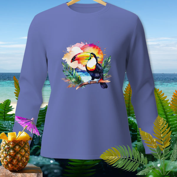 Purple long-sleeve shirt featuring a toucan perched on a branch with a sunset scene.