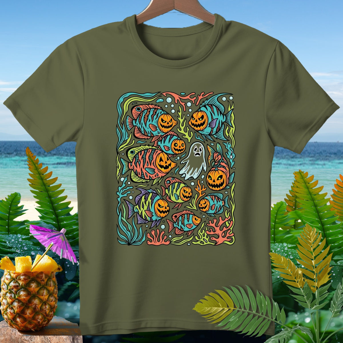 T-shirt with Halloween-themed fish and ghost design on an olive green shirt.