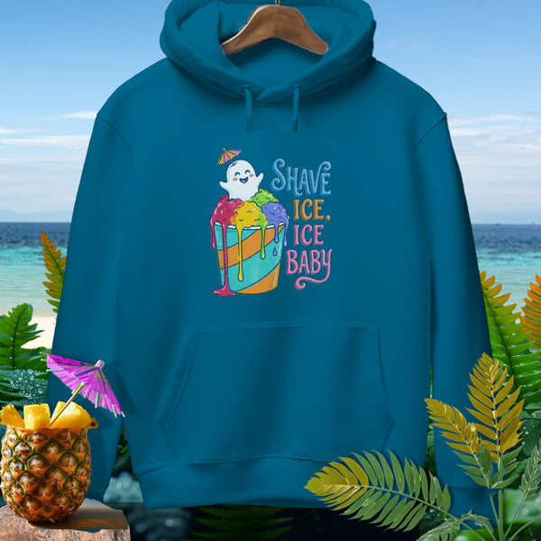 Teal hoodie with a cartoon ghost in a shave ice cup and "Shave Ice, Ice Baby" text.