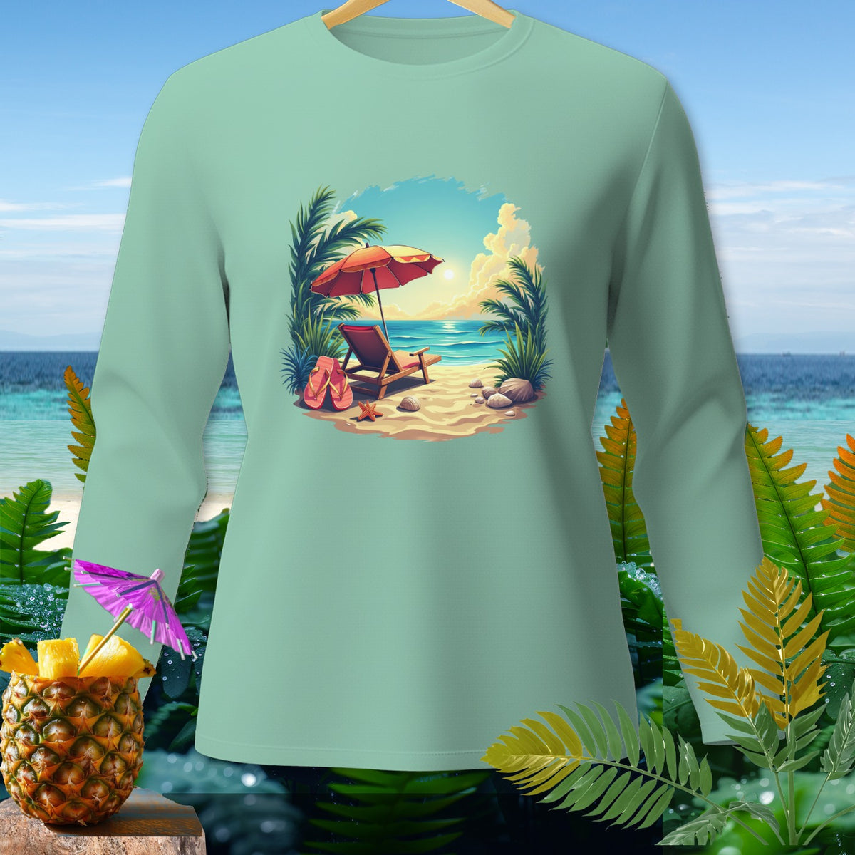 Long sleeve t-shirt with a beach scene graphic featuring a lounge chair and umbrella.