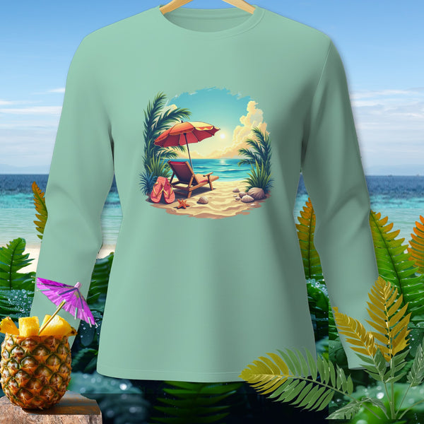 Long sleeve t-shirt with a beach scene graphic featuring a lounge chair and umbrella.