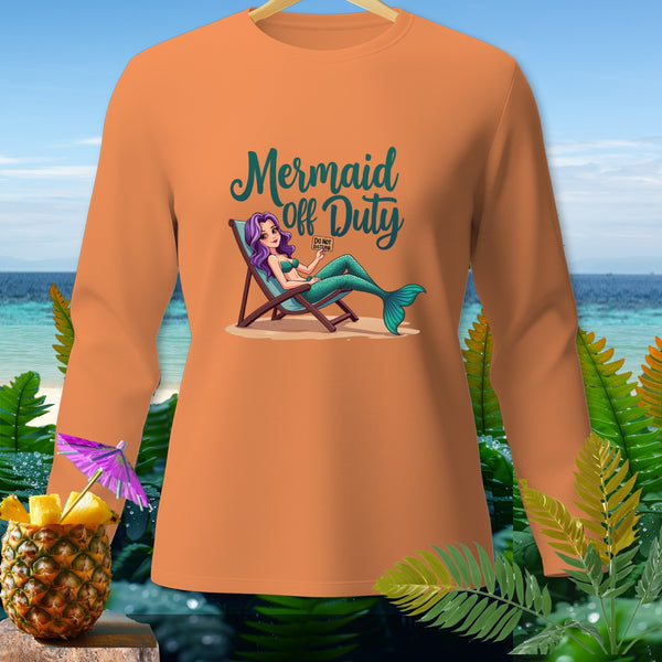 Orange long-sleeve shirt with "Mermaid Off Duty" graphic featuring a mermaid in a lounge chair.