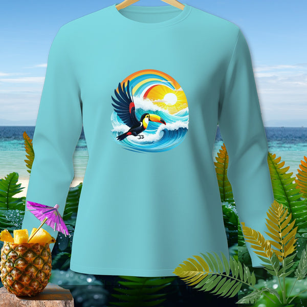 Light blue long-sleeve shirt featuring a toucan flying over waves under a rainbow and sun.