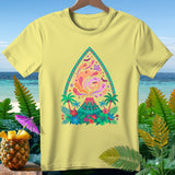 Yellow t-shirt with colorful volcano, ghosts, bats, and tropical island graphic.