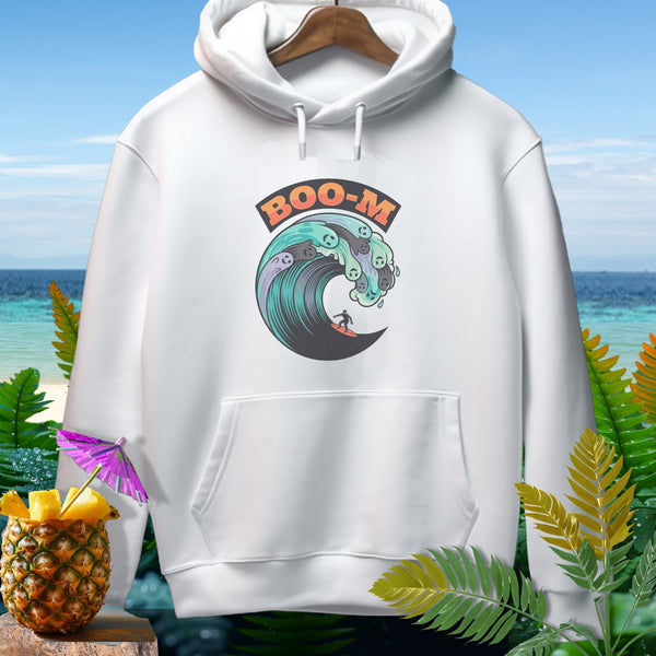 White hoodie with a graphic of a surfer riding a wave with "BOO-M" text.