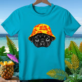 Cyan t-shirt featuring a black pug wearing a hibiscus-patterned bucket hat.