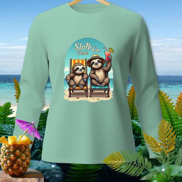 Long sleeve mint t-shirt with two sloths on beach chairs, text "Sloth On Mode".