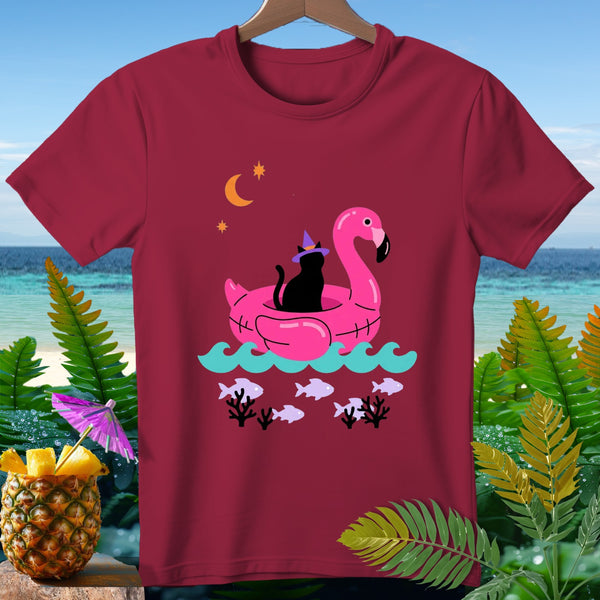 Maroon t-shirt with black cat in witch hat on a pink flamingo float.