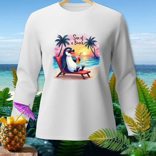 White long-sleeve shirt with a graphic of a penguin relaxing on a beach chair with text "Sun of a Beach."