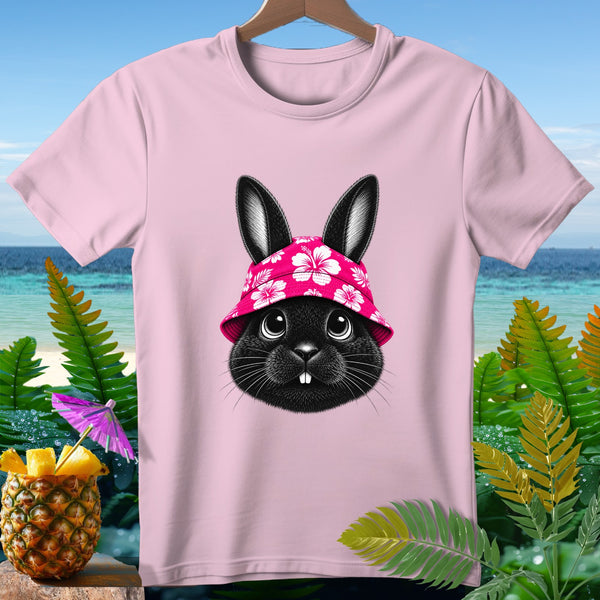 Pink t-shirt featuring a black bunny with big eyes wearing a floral bucket hat.