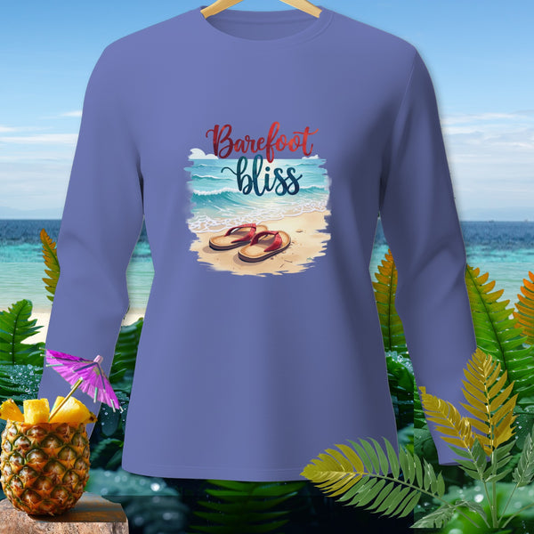 Purple long-sleeved shirt with "Barefoot bliss" text and beach graphic.